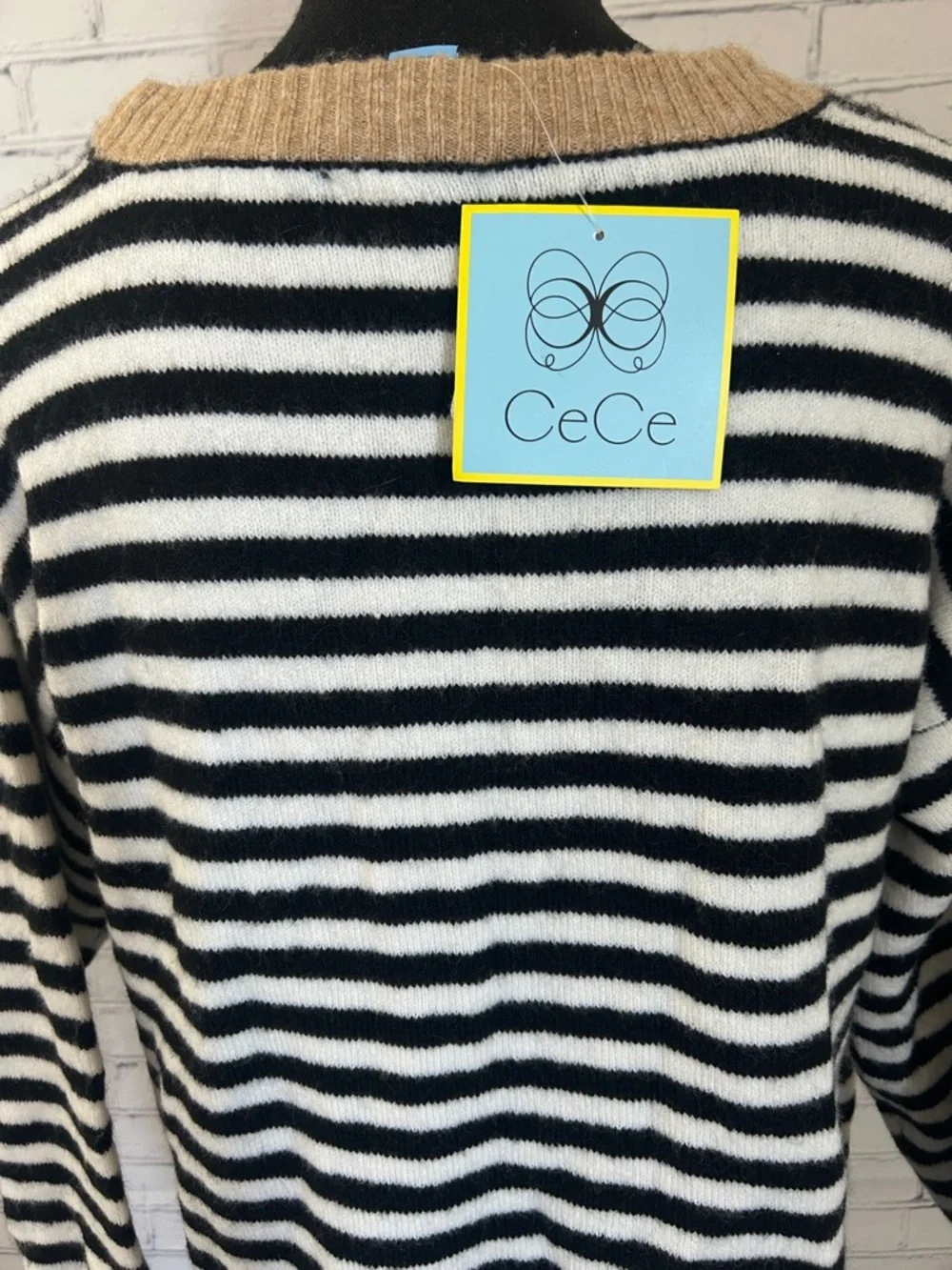 NWT CeCe Striped Black & White Drop-Shoulder Sweater with Taupe Trim - Picture 3 of 5